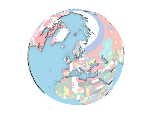 Denmark on globe isolated — Stock Photo, Image