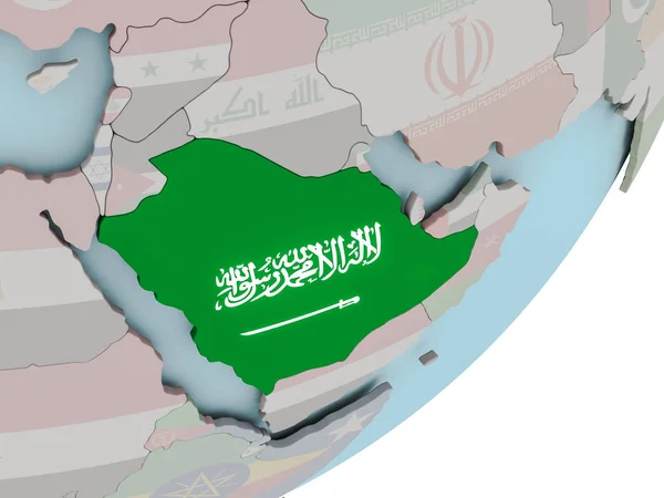 Saudi arabien auf globus mit fahnen — Stockfoto