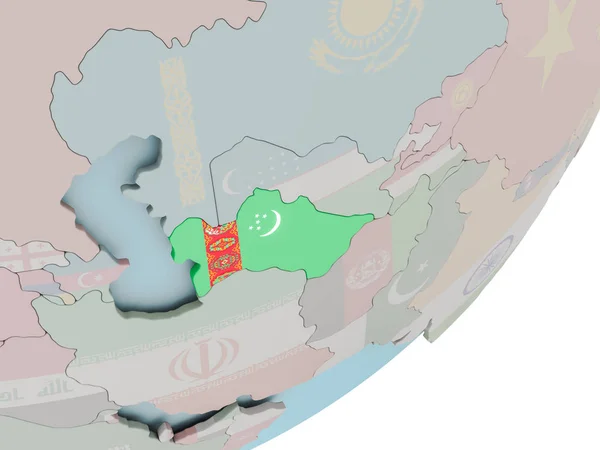 Türkmenistan auf Globus mit Fahnen — Stockfoto
