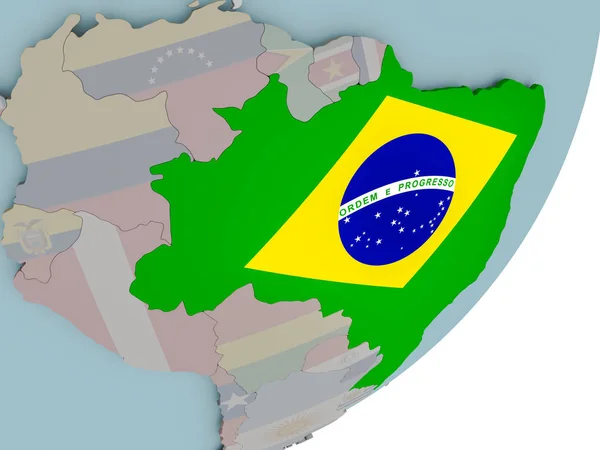 Brasilien på jordglob med flaggor — Stockfoto