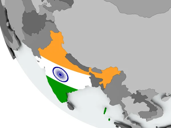 Vlag van India op politieke wereldbol — Stockfoto