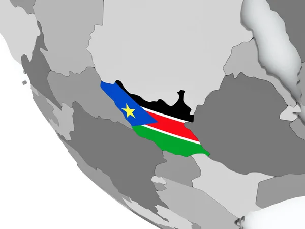 Bandiera del Sud Sudan sul globo politico — Foto Stock
