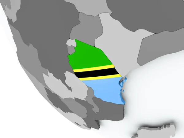 Flagge von Tansania auf politischem Globus — Stockfoto