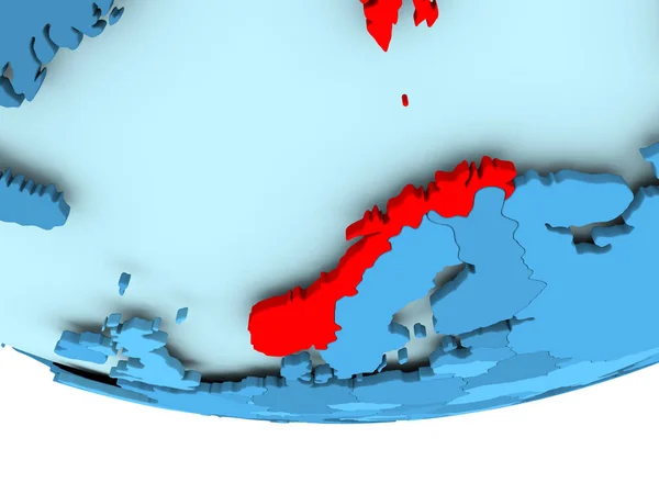 Норвегія в червоний колір на синій карті — стокове фото