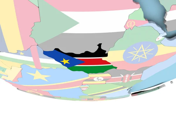 Mapa Sudanu Południowego z flagą na całym świecie — Zdjęcie stockowe