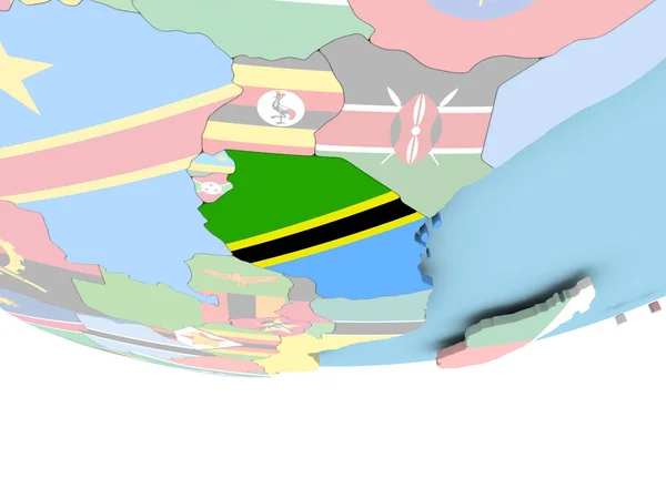 Map of Tanzania with flag on globe — Stock Photo, Image