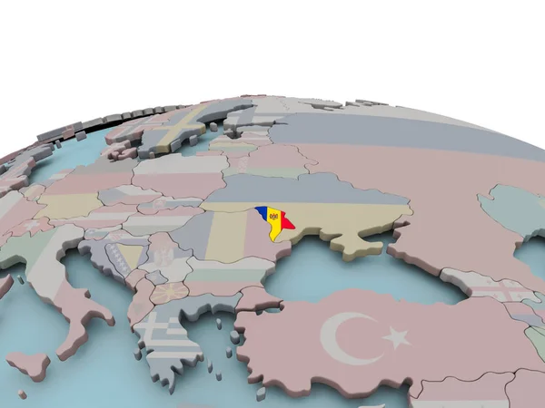 国旗的地球仪上的摩尔多瓦政治地图 — 图库照片