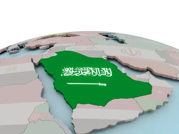 Carte politique de l'Arabie saoudite sur le globe avec drapeau — Photo