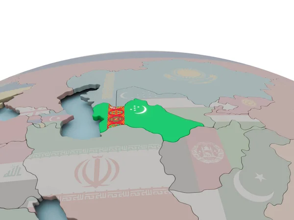 Mappa politica del Turkmenistan sul globo con bandiera — Foto Stock