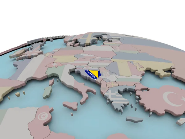 Politieke kaart van Bosnië op wereldbol met vlag — Stockfoto