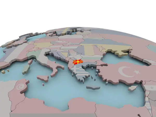 Politisk karta över Makedonien på jordglob med flagga — Stockfoto