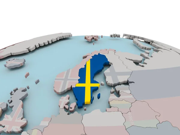Politisk karta över Sverige på jordglob med flagga — Stockfoto