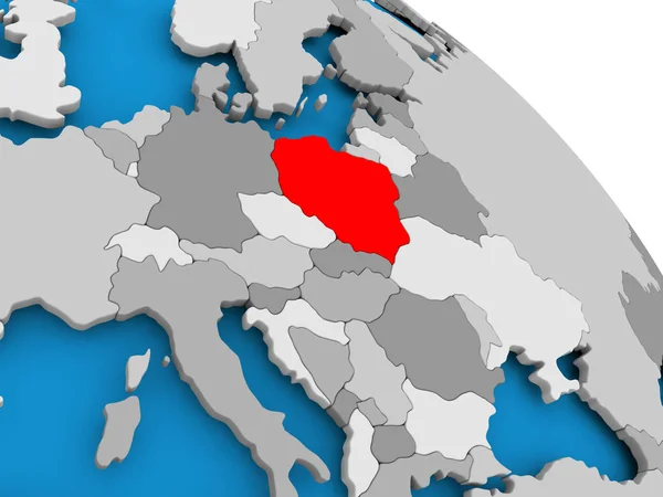 Poland in red on map — Stock Photo, Image