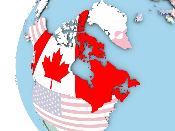 Drapelul Canadei pe glob politic — Fotografie, imagine de stoc