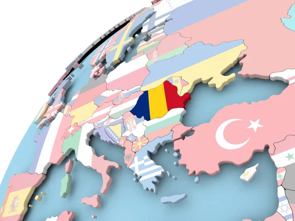 Roumanie sur le globe avec drapeau — Photo