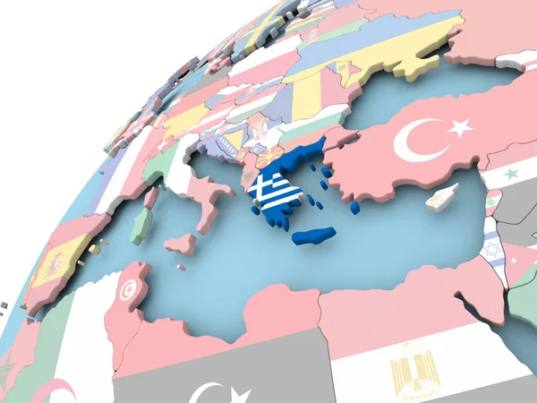 Grekland på jordglob med flagga — Stockfoto