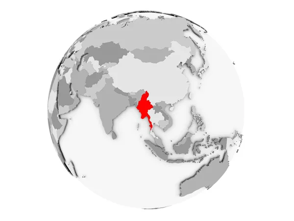Myanmar på grå jordglob isolerade — Stockfoto