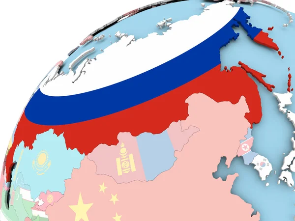 Rusland op wereldbol met vlag — Stockfoto