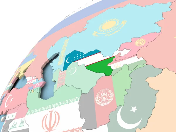 Usbekistan auf Globus mit Fahne — Stockfoto