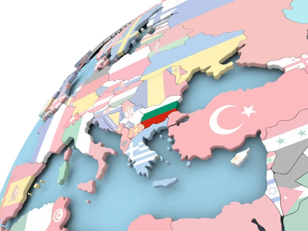 Болгарія на земній кулі з прапором — стокове фото