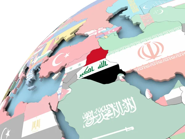 Irak auf Globus mit Fahne — Stockfoto