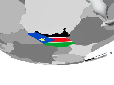 Dünya üzerinde bayrak ile Güney Sudan