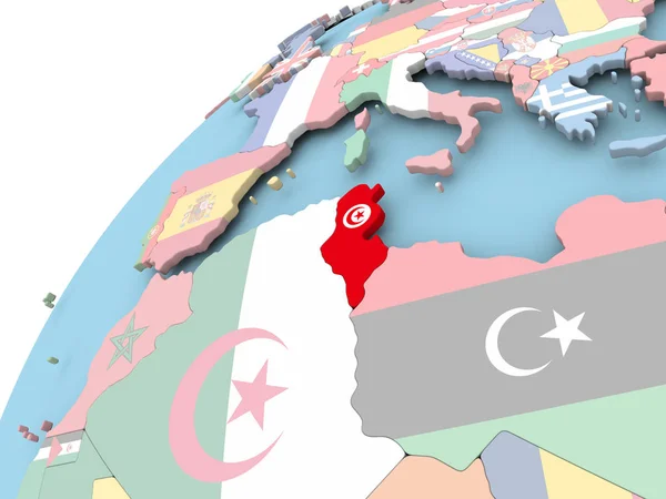 Tunisen auf Globus mit Fahne — Stockfoto