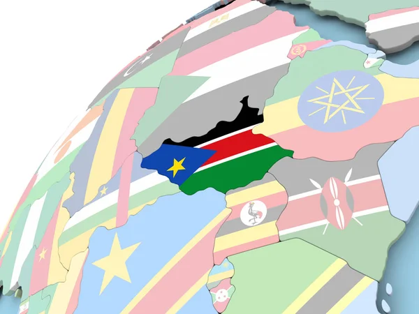 Sudão do Sul no globo com bandeira — Fotografia de Stock