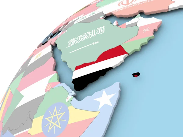 Jemen op wereldbol met vlag — Stockfoto