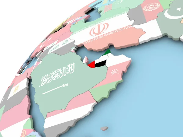 Emirati Arabi Uniti sul globo con bandiera — Foto Stock
