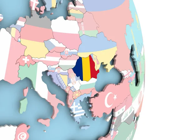 Rumänien mit Flagge auf Globus — Stockfoto