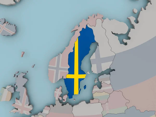 Sverige på politiska jordglob med flagga — Stockfoto