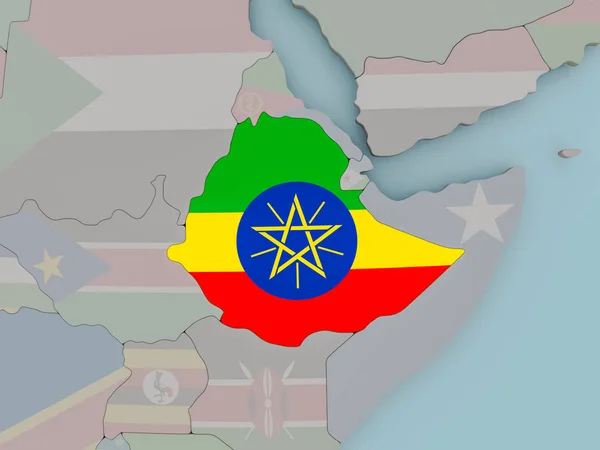 Etiopien på politiska jordglob med flagga — Stockfoto