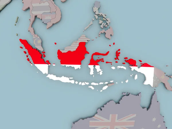 Indonesien på politiska jordglob med flagga — Stockfoto