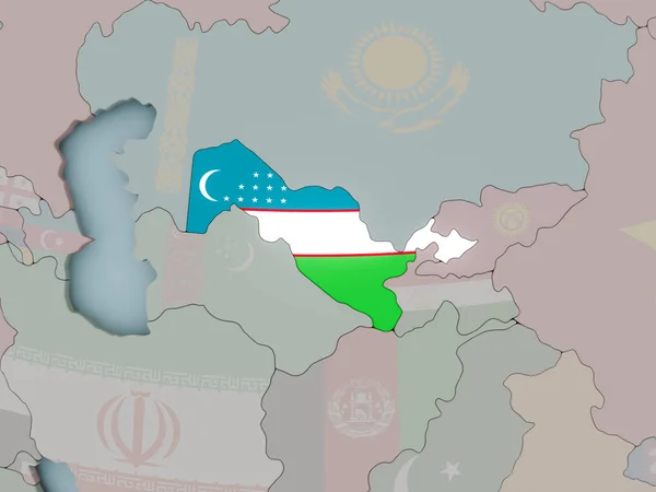 Uzbekistan på politiska jordglob med flagga — Stockfoto