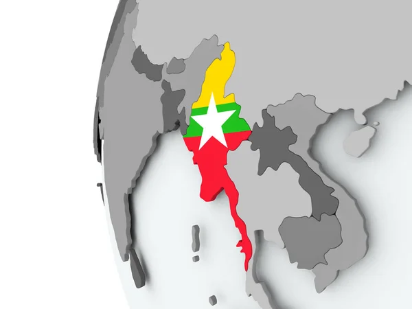 Myanmar auf Globus mit Fahne — Stockfoto