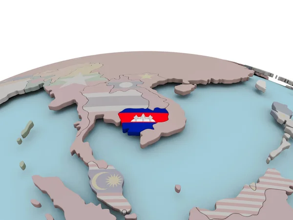 Political map of Cambodia on globe with flag — Stock Photo, Image