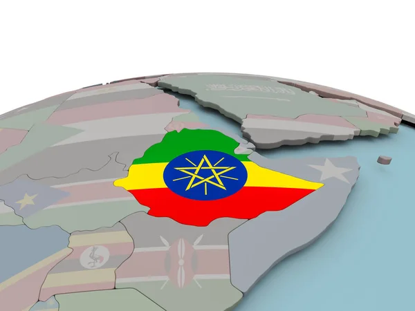 Political map of Ethiopia on globe with flag — Stock Photo, Image