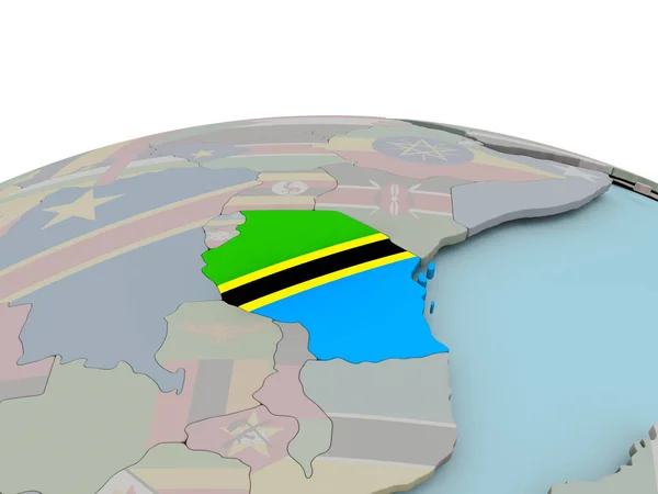 Mapa político de Tanzania en globo con bandera — Foto de Stock