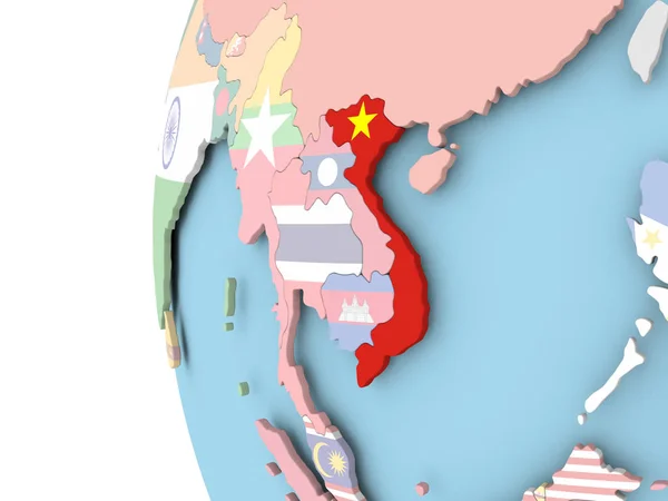Vlag van Vietnam op politieke wereldbol — Stockfoto