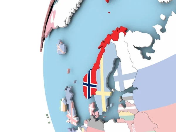 政治的な地球にノルウェーの旗 — ストック写真