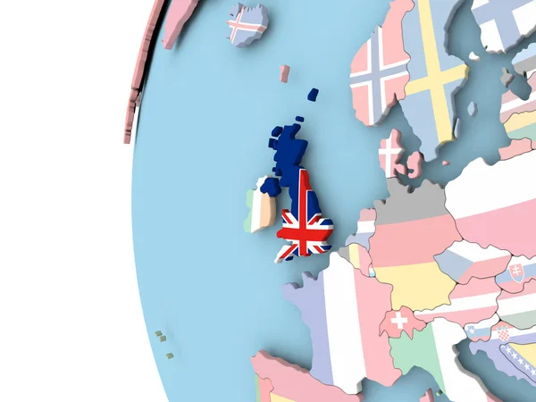 Vlag van het Verenigd Koninkrijk op politieke wereldbol — Stockfoto