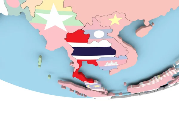 Mapa da Tailândia com bandeira no globo — Fotografia de Stock