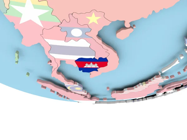 Kamboçya Haritası dünya üzerinde bayrak ile — Stok fotoğraf