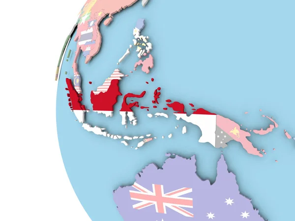 Endonezya bayrağı siyasi dünya üzerinde — Stok fotoğraf