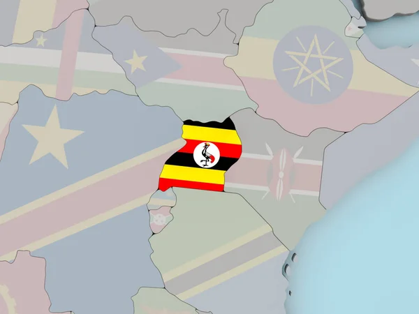 Uganda em globo político com bandeira — Fotografia de Stock