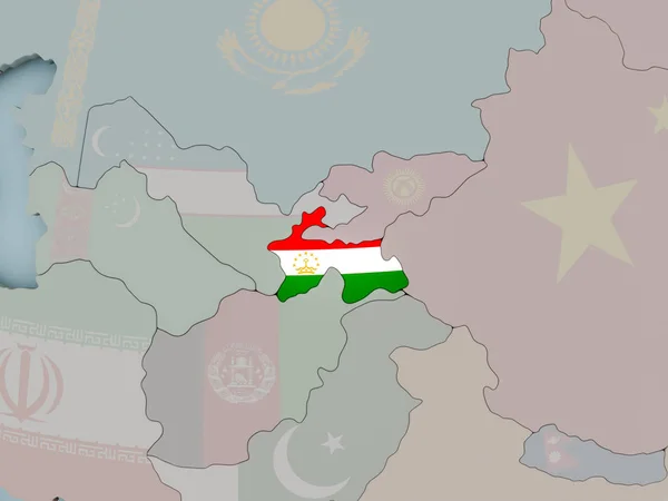 Tayikistán en el mundo político con bandera — Foto de Stock
