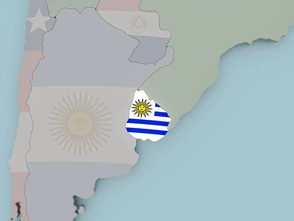 Uruguay auf politischem Globus mit Fahne — Stockfoto