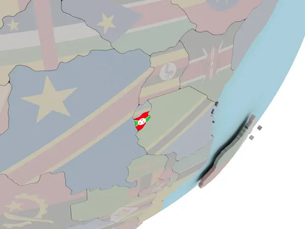 Burundi auf Globus mit Flaggen — Stockfoto