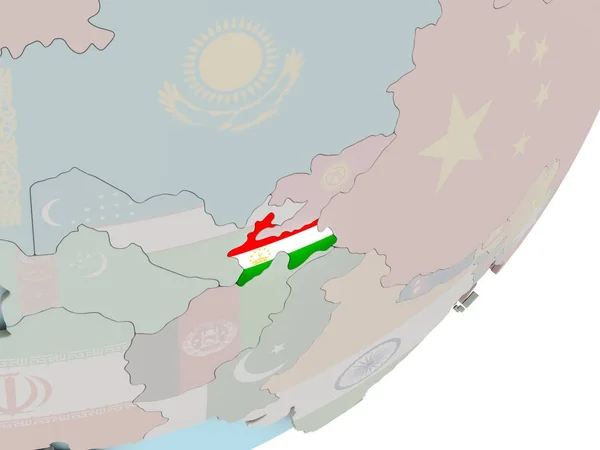 Tadschikistan auf Globus mit Flaggen — Stockfoto